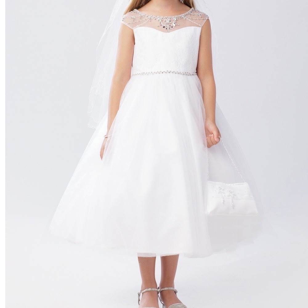 White Flower Girl Dress Lace Tulle Rhinestone Beaded Wedding Formal Girls